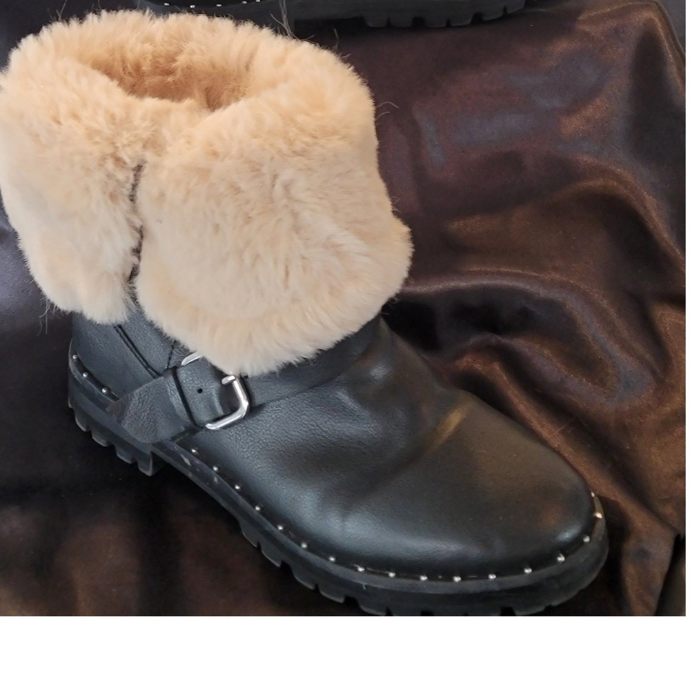 Zara Kids Black‎ Faux Leather Faux Fur Trim Buckle Combat Boots Size 35
